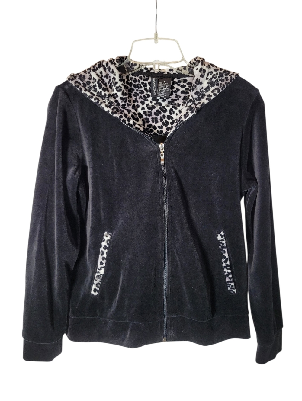 Vintage Jason Maxwell black velour hoodie with animal print trim Size Small